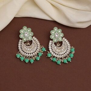 Green Color Kundan Meena Chand Bali Style Earrings